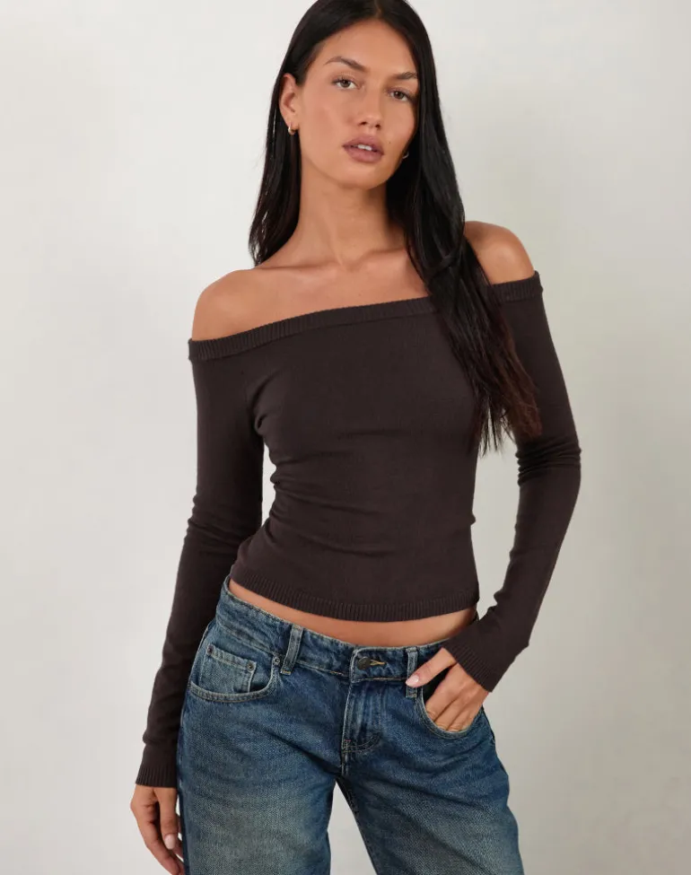 Renie Bardot Top in Dark Brown Knit