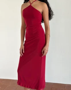 Ribka Halterneck Midi Dress in Mesh Cherry