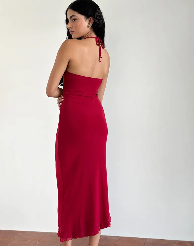 Ribka Halterneck Midi Dress in Mesh Cherry