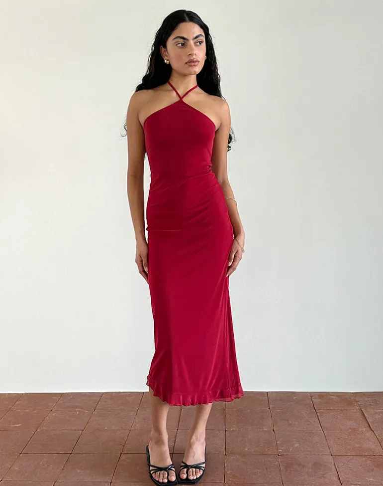 Ribka Halterneck Midi Dress in Mesh Cherry