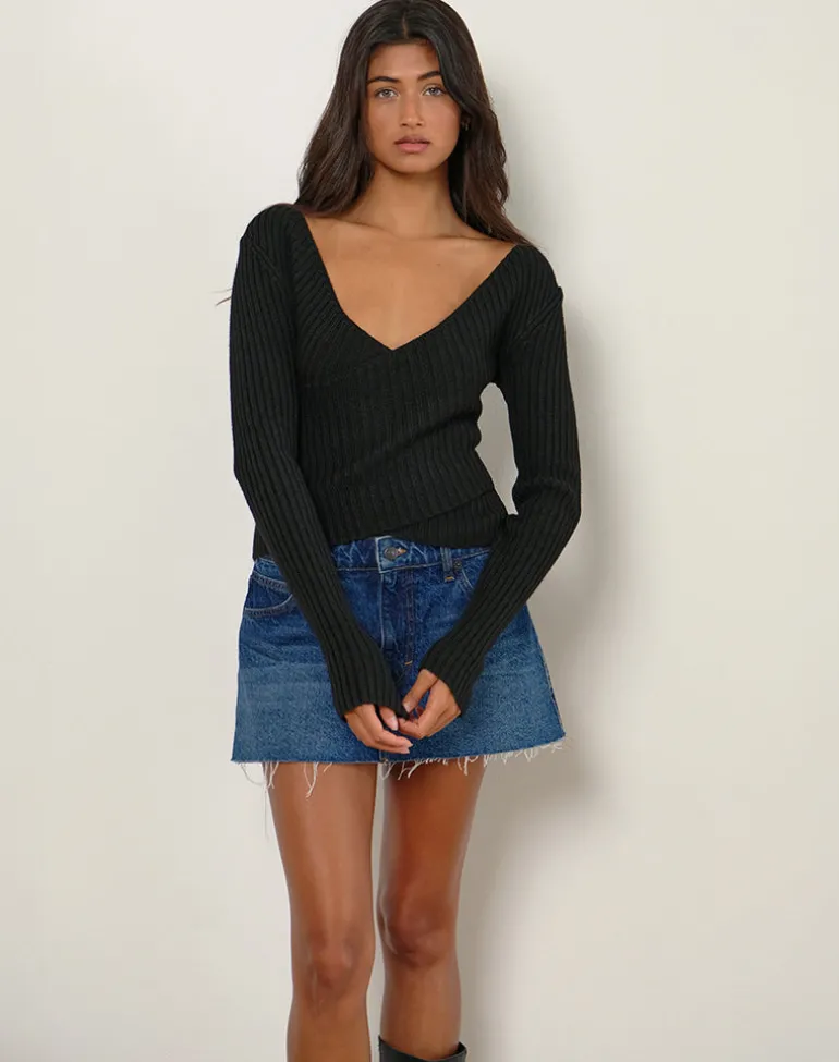 Rinca Bardot Jumper in Rib Knit Black