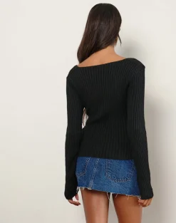 Rinca Bardot Jumper in Rib Knit Black