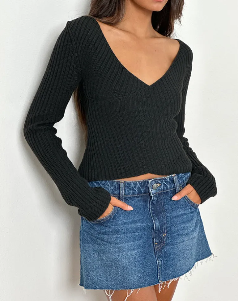 Rinca Bardot Jumper in Rib Knit Black