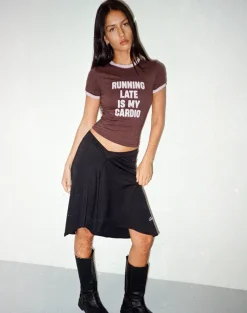 Rinea Tee Top in Bitter Chocolate with Violet Binding and Running Late Slogan