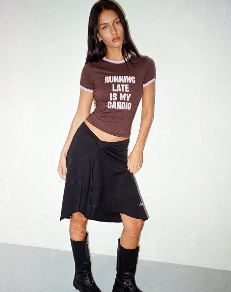 Rinea Tee Top in Bitter Chocolate with Violet Binding and Running Late Slogan