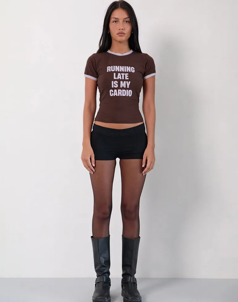 Rinea Tee Top in Bitter Chocolate with Violet Binding and Running Late Slogan