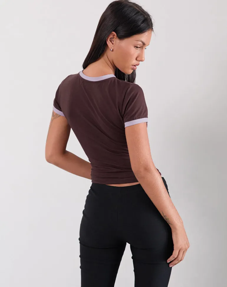 Rinea Tee Top in Bitter Chocolate with Violet Binding and Running Late Slogan