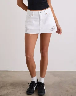 Ripped Raw Hem Denim Mini Skirt in True White