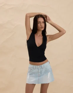 Ripped Raw Hem Denim Mini Skirt in Sky Blue