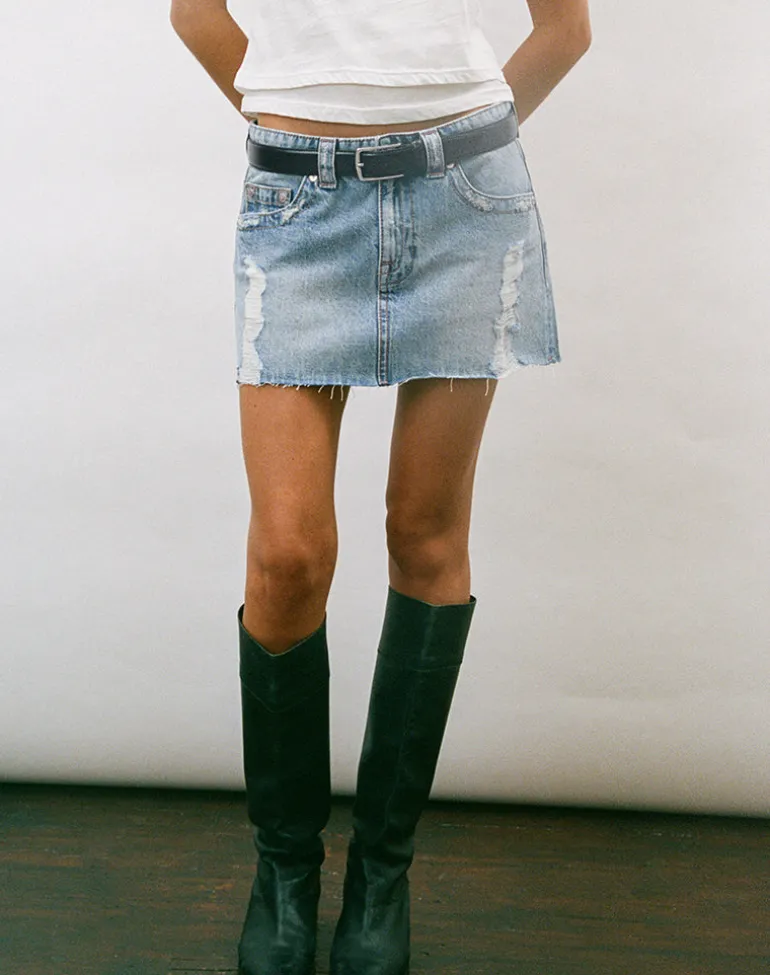 Ripped Raw Hem Denim Mini Skirt in True Blue