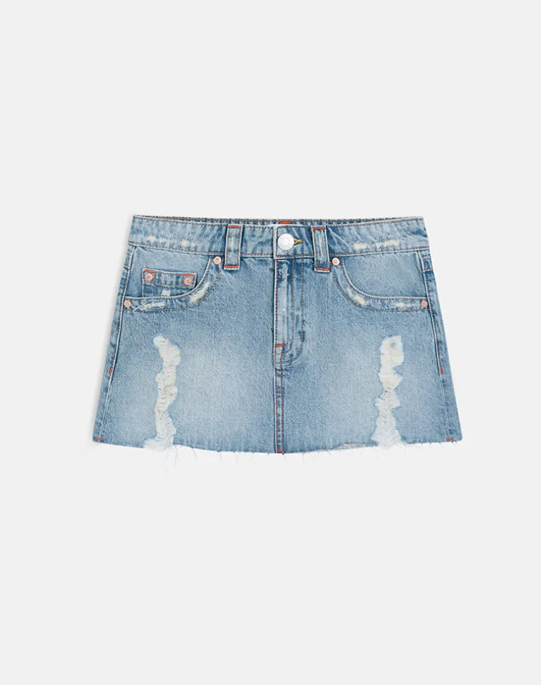 Ripped Raw Hem Denim Mini Skirt in True Blue