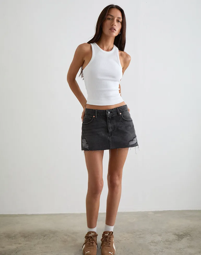 Ripped Raw Hem Denim Mini Skirt in Vintage Black