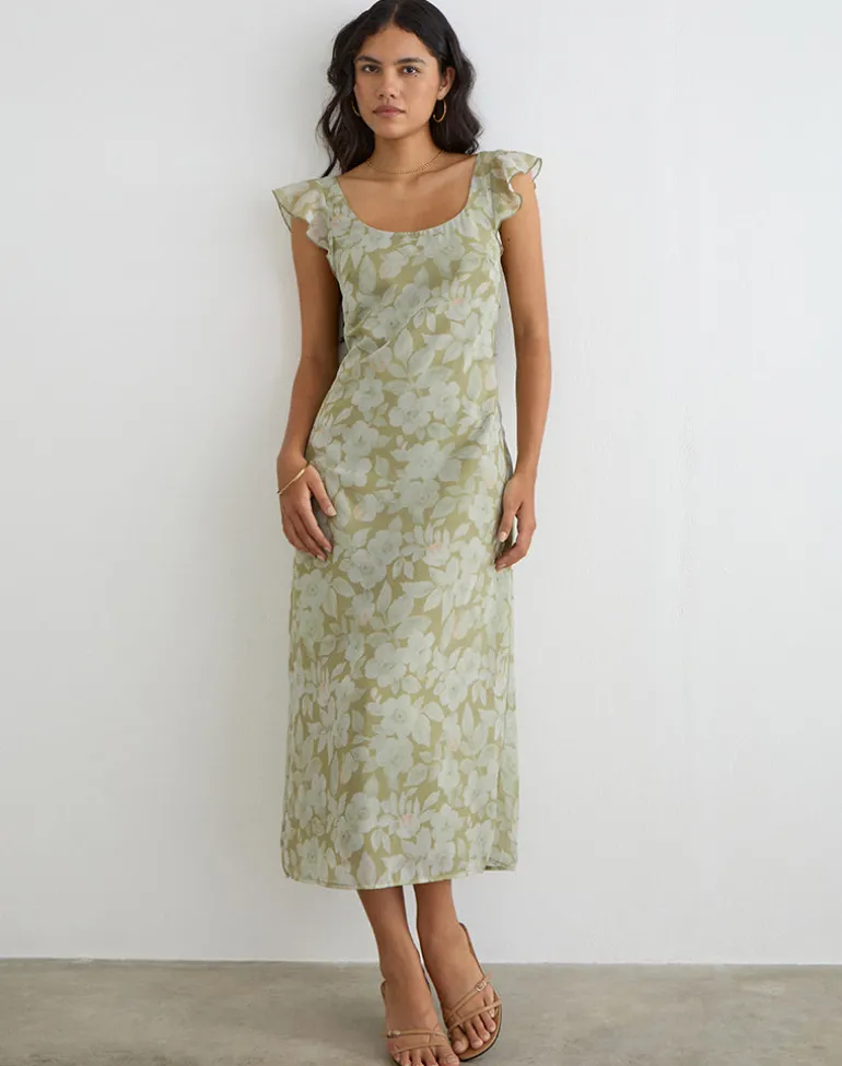 Risala Scoop Midi Dress in Pale Flower Green