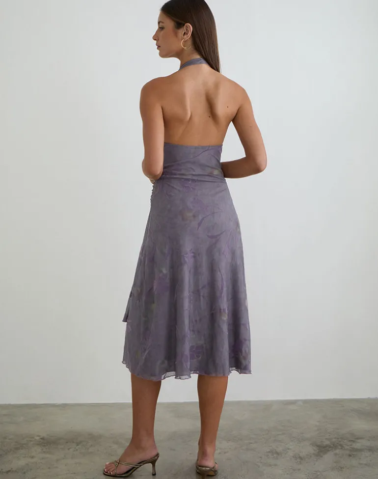 Rokoyo Halterneck Midi Dress in Flare Flower Purple