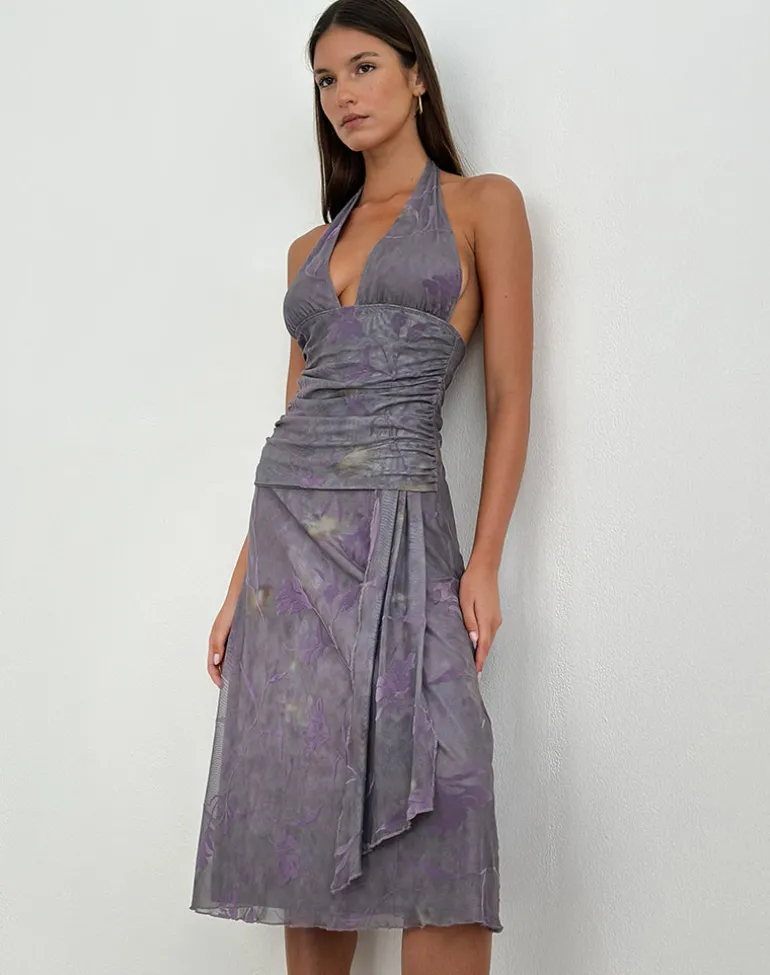 Rokoyo Halterneck Midi Dress in Flare Flower Purple
