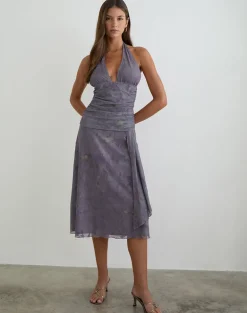 Rokoyo Halterneck Midi Dress in Flare Flower Purple