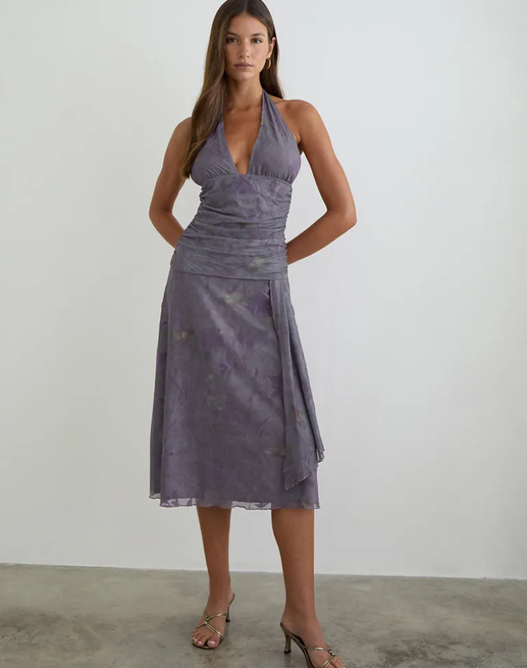 Rokoyo Halterneck Midi Dress in Flare Flower Purple