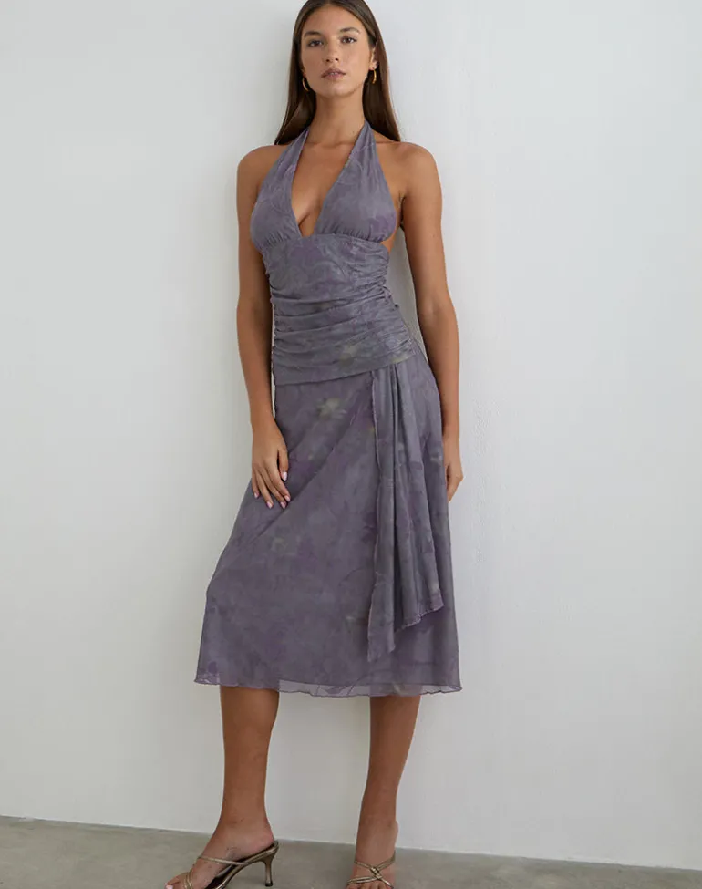 Rokoyo Halterneck Midi Dress in Flare Flower Purple