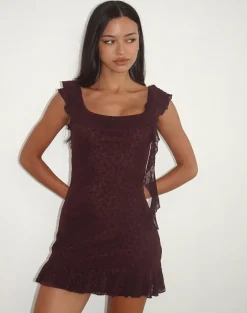 Rolita Mini Dress in Ditsy Flock Burnt Maroon