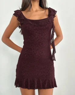 Rolita Mini Dress in Ditsy Flock Burnt Maroon