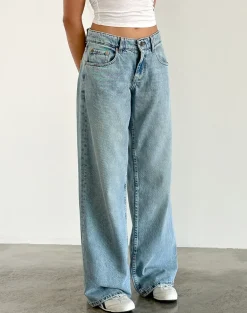Roomy Extra Wide Low Rise Jeans in Washed Blue Green