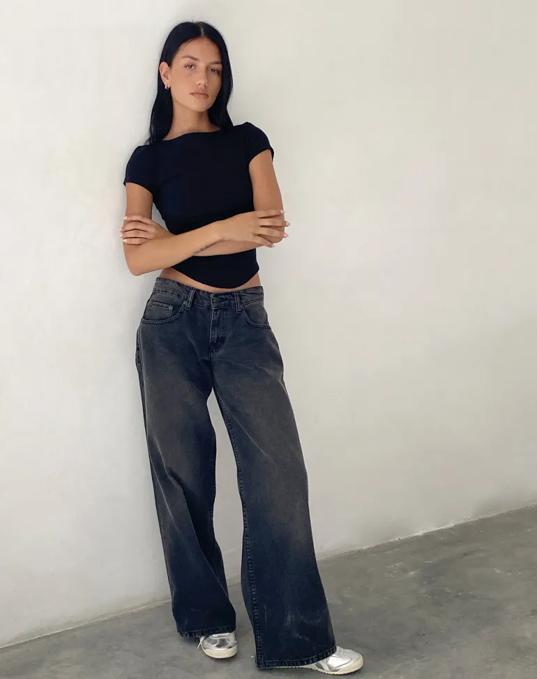 Roomy Extra Wide Low Rise Jeans in Washed Black Grey