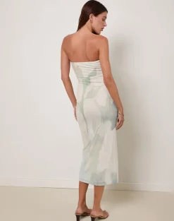 Rosbandi Bandeau Midi Dress in Abstract Painted Flower Blue