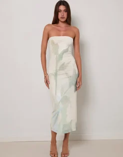 Rosbandi Bandeau Midi Dress in Abstract Painted Flower Blue