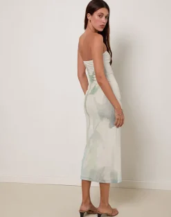 Rosbandi Bandeau Midi Dress in Abstract Painted Flower Blue
