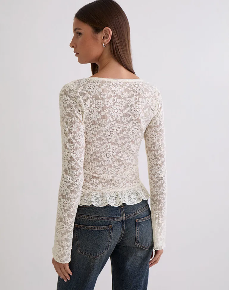 Roselle Keyhole Long Sleeve Top in Lace Ivory