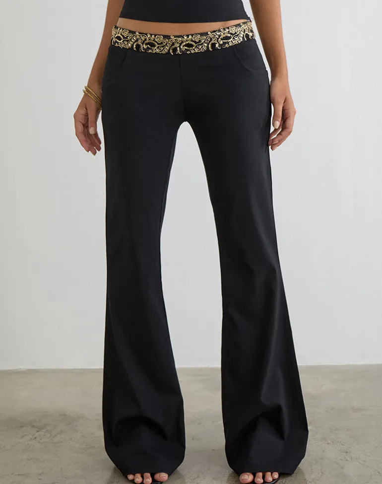 Rosimo Flare Trouser in Black with Embroidered Sequin Trim