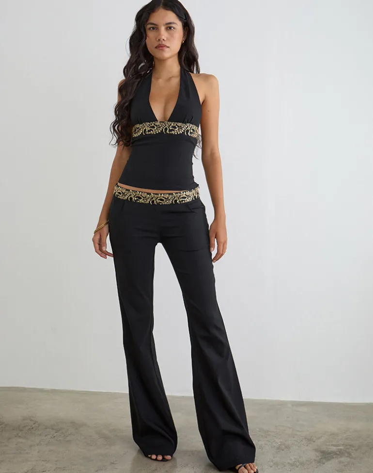 Rosimo Flare Trouser in Black with Embroidered Sequin Trim