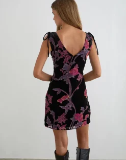 Rosmila Mini Dress in Black with Floral Devore Print