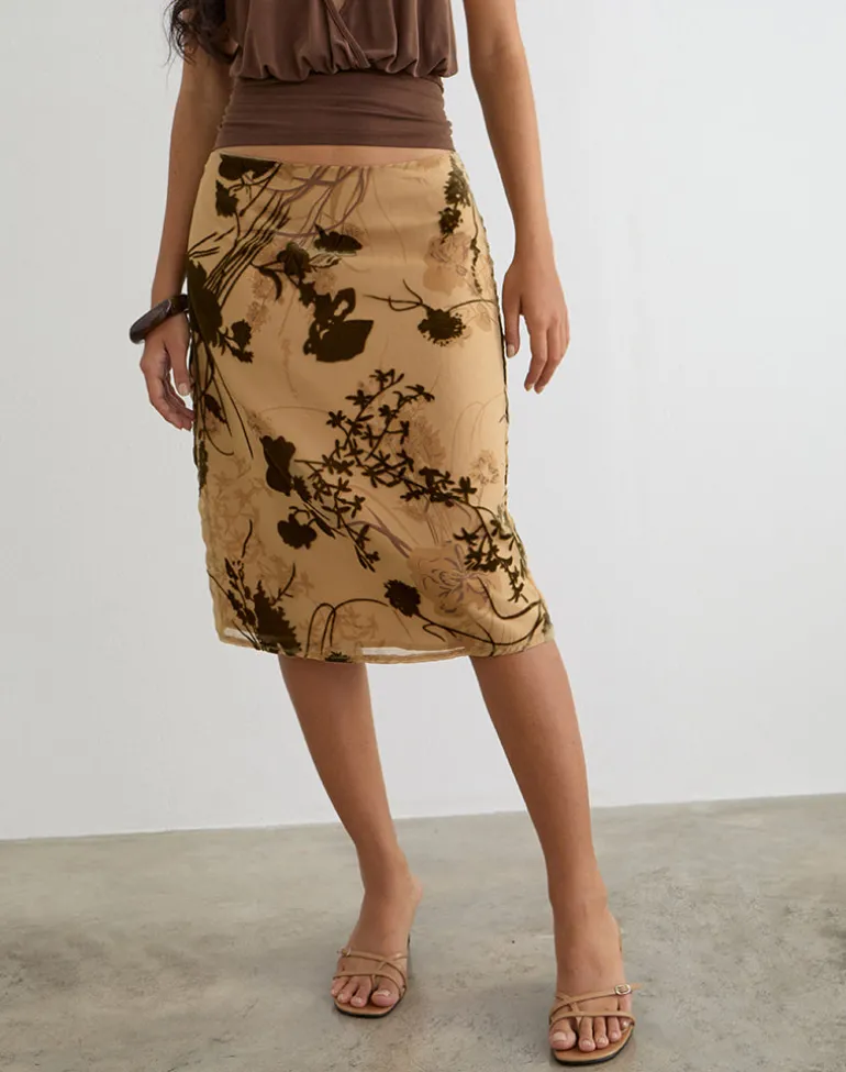 Rujha Midi Skirt in Floral Devore Beige