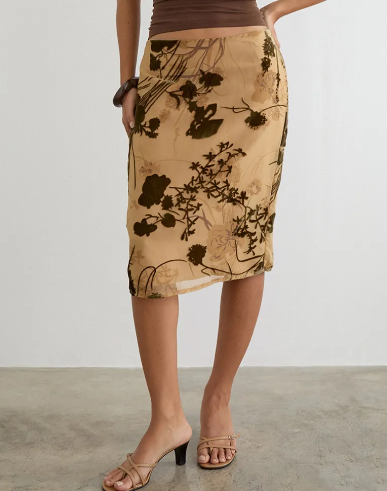 Rujha Midi Skirt in Floral Devore Beige