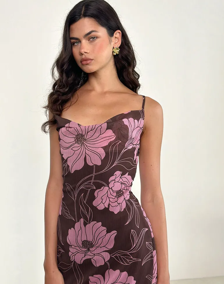 Rujira Cowl Midi Dress in Flare Floral Pink Brown