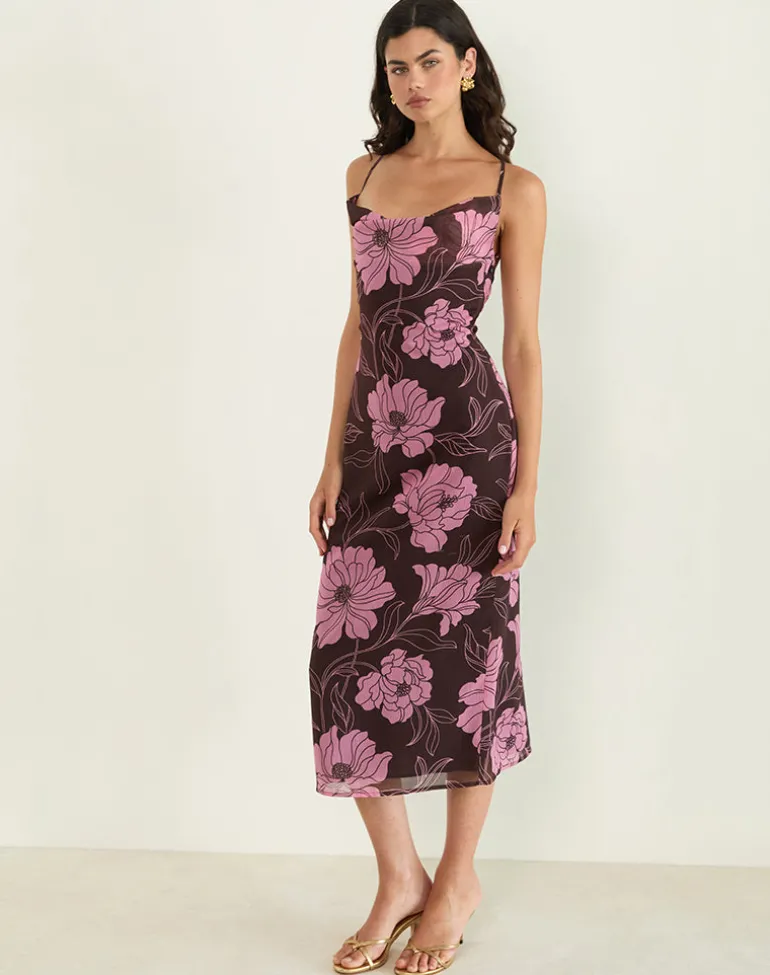 Rujira Cowl Midi Dress in Flare Floral Pink Brown