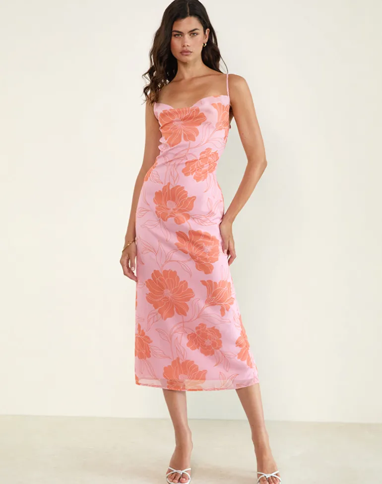 Rujira Cowl Midi Dress in Floral Pink Orange