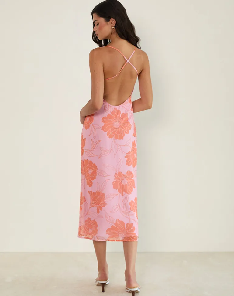 Rujira Cowl Midi Dress in Floral Pink Orange