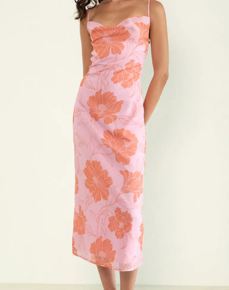 Rujira Cowl Midi Dress in Floral Pink Orange