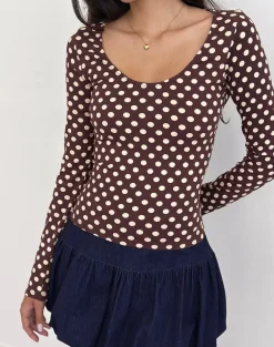Rumini Long Sleeve Top in Brown with Small Polka Cream