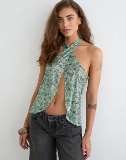 Ruwiko Halterneck Top in Paisley Sequin Teal