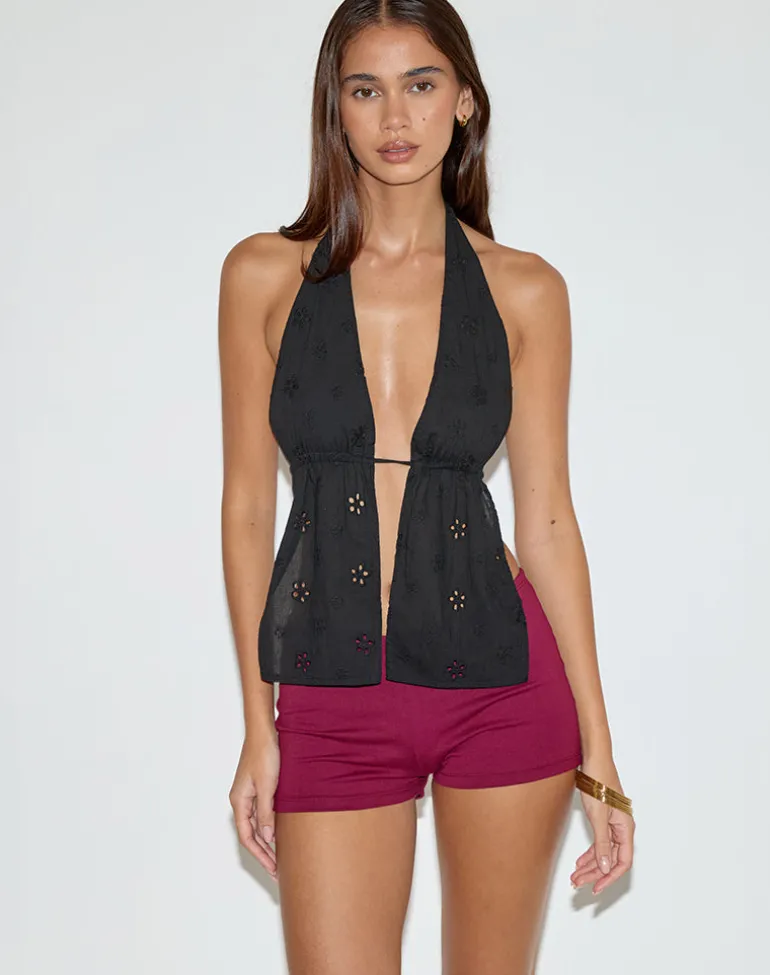 Ryoma Halterneck Top in Flower Broderie Black