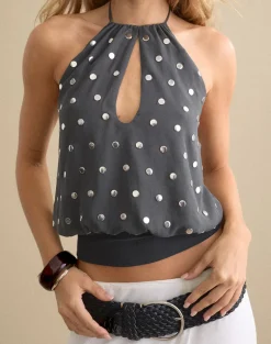 Sabitah Keyhole Top in Studded Chiffon Dark Grey