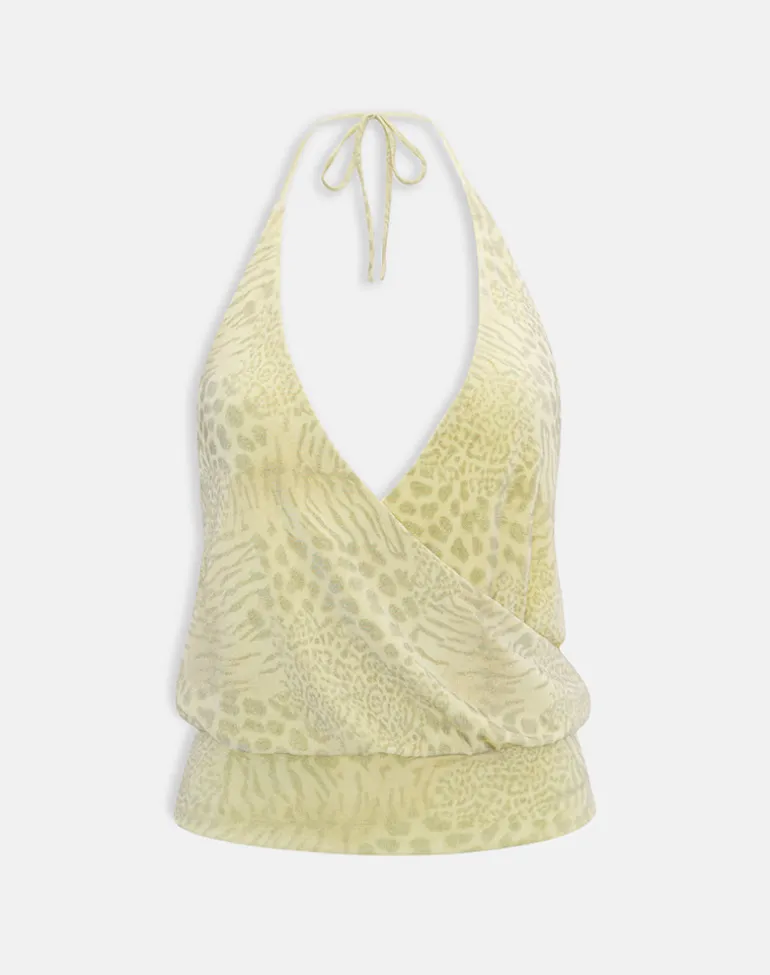 Sadara Drape Halter Top in Green Leopard