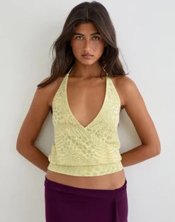 Sadara Drape Halter Top in Green Leopard