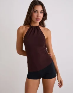 Sadra Halter Top in Rayon Jersey Bitter Chocolate