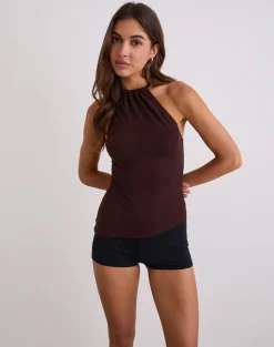 Sadra Halter Top in Rayon Jersey Bitter Chocolate