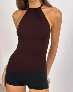 Sadra Halter Top in Rayon Jersey Bitter Chocolate