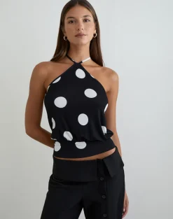 Saerin Halter Top in Monochrome Black with White Polka Print